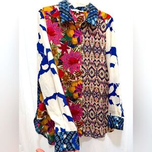 BOHO Collared Button Up Top Colorful Coastal Cowgirl Multi Pattern Sz XSmall